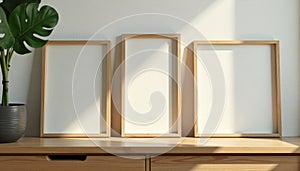 Wooden rack with assorted empty frames, natural light, home staging, wooden