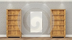 Wooden racks stand at the gray brick wall. between them weighs a frame with a white background. Empty shelves 3d render