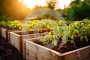 Wooden raided beds in modern garden growing plants herbs spices vegetables. Community urban kitchen garden