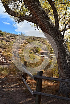 Wooden rail fence in desert landscape