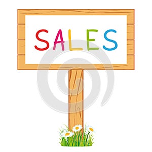 Wooden realistic display signboard. Sales. photo