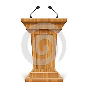 Wooden realistic podium or pedestal with microphone