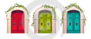 Wooden red door with arch front view with ivy plant climbing branches. Entrance or gate. Cartoon vector illustration.
