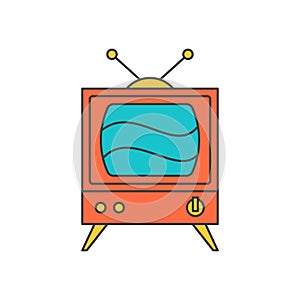 Wooden retro tv set box wave screen antenna pop art groovy style t shirt print design vector cartoon
