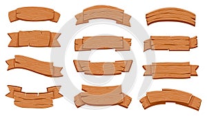 Wooden ribbon signboards. Cartoon wood curved banners for game. Textured rustic planks, plywood board labels, blank sign design