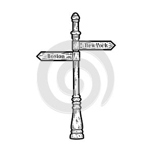 Wooden Road Sign Direction, Boston and New York sketch.