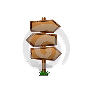 Wooden road sign. Guidepost on isolated background. Wooden texture. Vector illustration