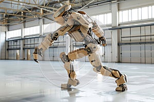 A wooden robot dancing in a large empty bright warehouse.A robot is assembled from boards of different pieces of wood