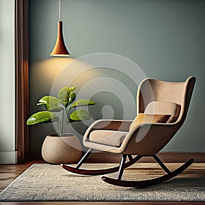 Wooden Rocking Chair with Plant in Sunny Living Room