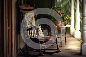 wooden rocking chair on a verandah, surrounded by greenery