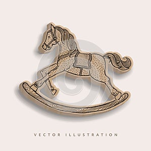 Wooden rocking horse, hand drawn vintage toys, realistic vector illustration