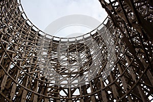 Wooden roller coaster structure low-angle