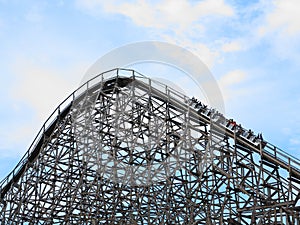 Wooden roller coaster train upwards