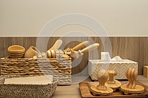 Wooden rollers and accessories for massages and wood therapy treatments in a beauty center