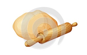Wooden rolling pin with fresh raw dough for bakind. Cartoon homemade tasty bread. Flour in bowl or bag, organic product