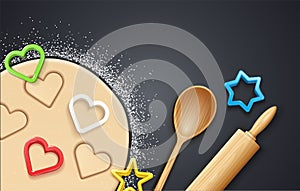 Wooden rolling pin, kneading dough with flour and cookie cutter. Vector illustration.