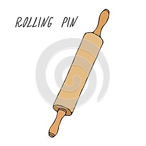 Wooden Rolling Pin. Pastry Kitchen Collection. EPS10 Vector. Hand Drawn Doodle Style Realistic Illustration.