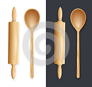 Wooden rolling pin and spoon for dough. Vector illustration.