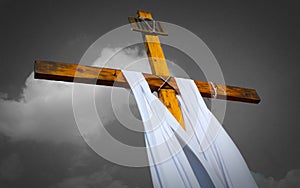 Wooden rood with black and white cloudy background