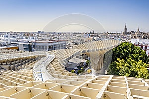 Wooden roof called Setas de Sevilla and amazing panoramic view of the city, Seville, Spain