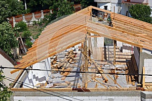 Wooden roof frame for a house in construction.