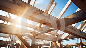 A wooden roof frame rafters on a building under construction, on a sunny day, without people