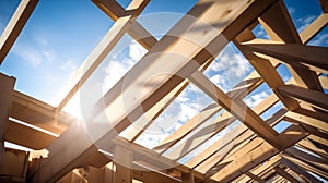 A wooden roof frame rafters on a building under construction, on a sunny day, without people