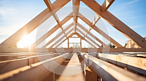 A wooden roof frame rafters on a building under construction, on a sunny day, without people