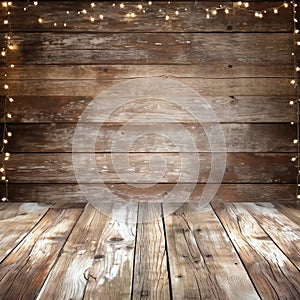 Wooden room with glowing garland and wooden wall,  Christmas background