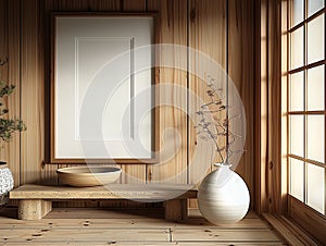 A wooden room with a large empty frame on the wall, a vase with decorative plants, and a bonsai tree