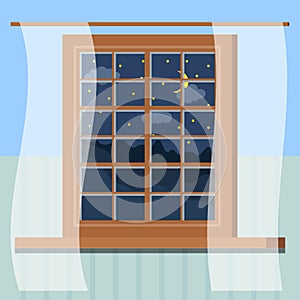 Wooden room window frame with curtains, rural night view with sky, stars, clouds, crescent, forest in cartoon style.