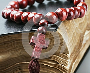 Wooden rosary on the Bible are