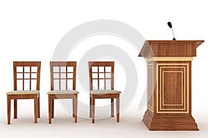 Wooden Rostrum Stand with Microphone and three chairs photo