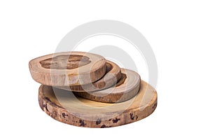 Wooden round chopping board isolated on white background with c