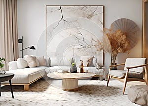 Wooden round coffee table between corner sofa and chair against white wall with big poster frame. Scandinavian style home interior