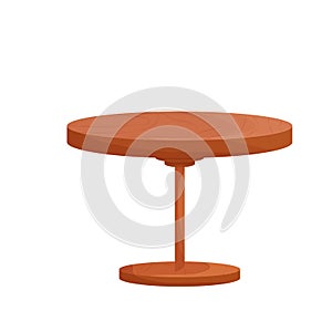 Wooden round rustic table in cartoon style isolated on white background. Textured furniture, small coffee table. Vintage