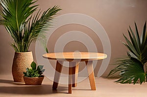 Wooden Round Table in Minimal Studio style background, for Template, for Facecream, Facewash, Lotion, Skincare, Perfume photo