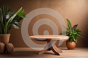 Wooden round table with potted plant on, in studio plain simple background, soft lighting, for product display photography listing photo