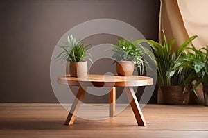Wooden round table with potted plant on, in studio plain simple background, soft lighting, for product display photography listing photo