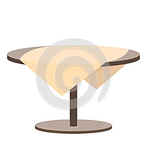 Wooden round table with tablecloth in cartoon style isolated on white background. Backyard, outdoor furniture