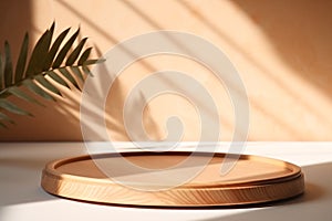 Wooden Round Tray Podium on White Table with Sunlight and Leaf Shadow