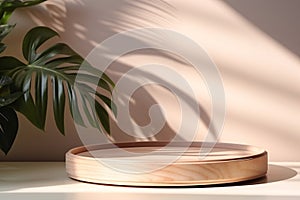 Wooden Round Tray Podium on White Table with Sunlight and Leaf Shadow