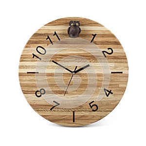 Wooden round wall watch with owl toy - clock on white