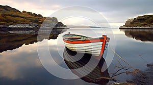 Wooden row boat on mountain lake or sea bay, scenic idyllic view, generative AI