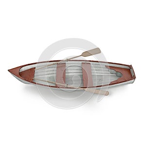 Wooden row boat on white. Top view. 3D illustration