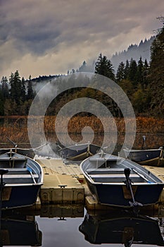 Wooden rowboats parked on a wooden dock situated near a body of water.