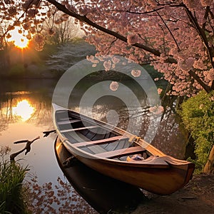 wooden rowing boat with oar, peacefully floating under the shade of a lush