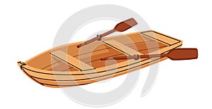 Wooden rowing boat with paddles. Lake and river vessel with oar. Small wood vehicle, water transport with seats for