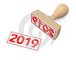 Wooden Rubber Stamp with 2019 New Year Sign. 3d Rendering