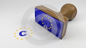 Wooden rubber stamp with the EU flag and a copyright symbol